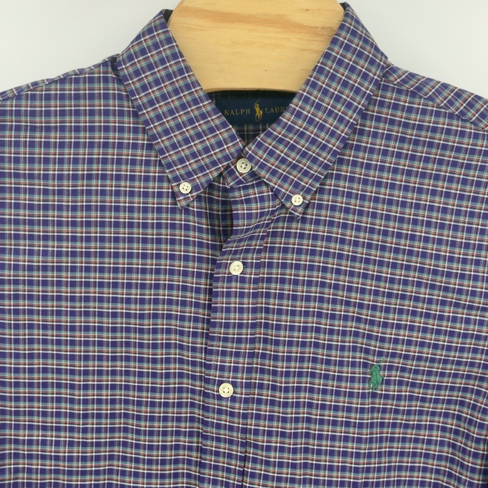 Ralph Lauren Men XL Plaid Button Down Shirt Purple Blue Green Long Sleeve Cotton